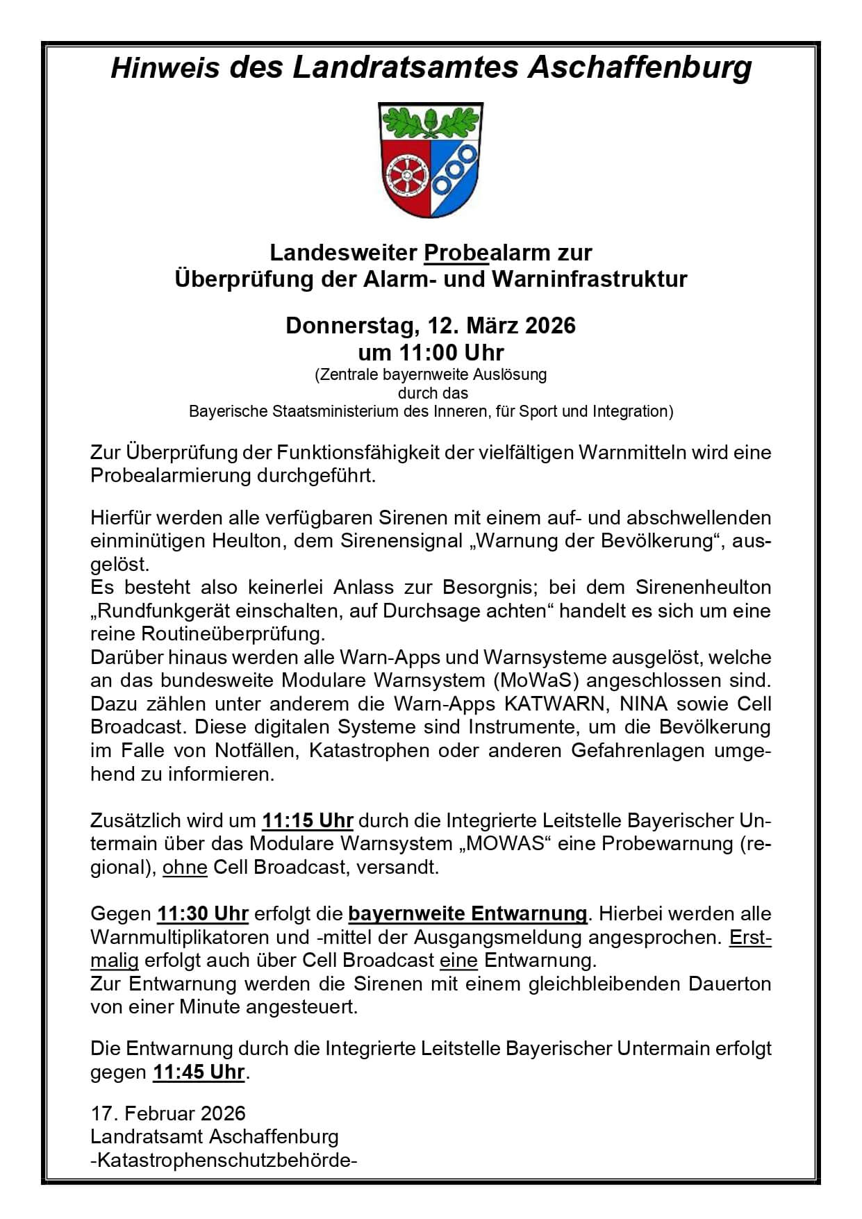 Landesweiter Probealarm zur Überprüfung der Alarm- und Warninfrastruktur am Donnerstag, 12.03.2026, 11.00 Uhr